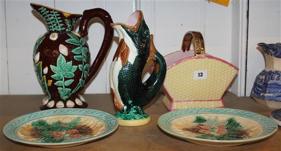 Majolica fish jug, another, basket & 2 plates